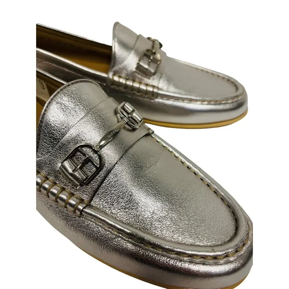 BALLY Silver Metallic Leather Manoela Buckle Accent Slip-On Loafers Flats 37 -7 - Picture 10 of 11